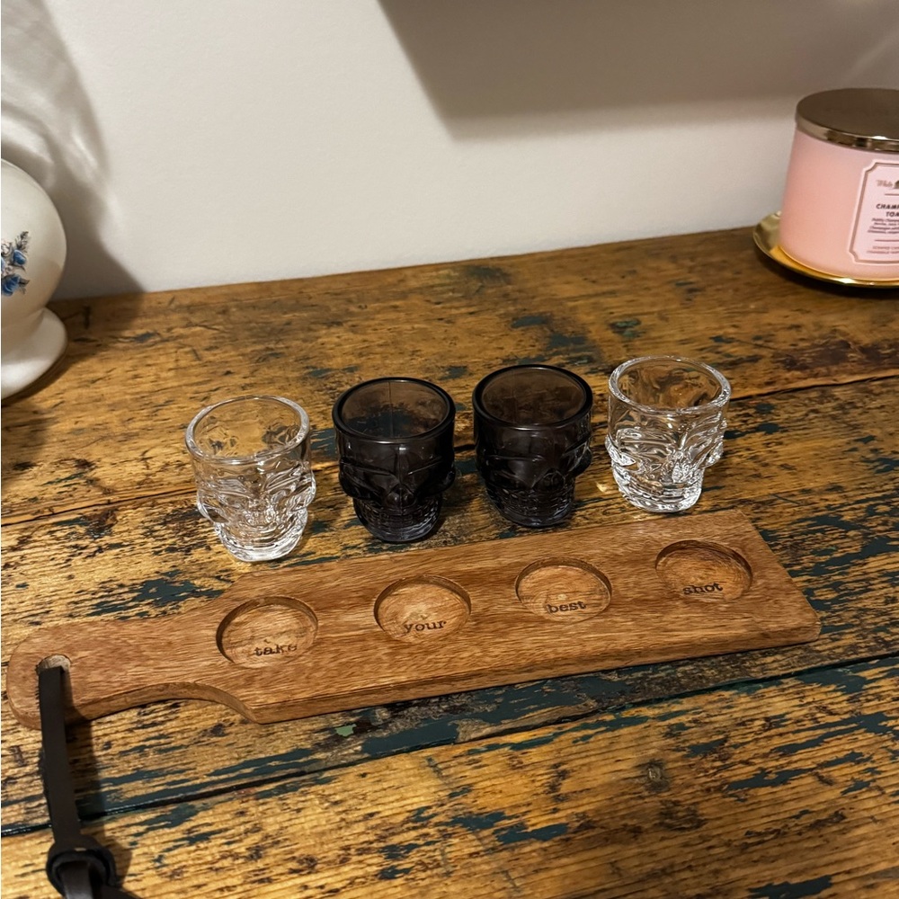 Skull Shot Glass Set with Wooden Serving Tray